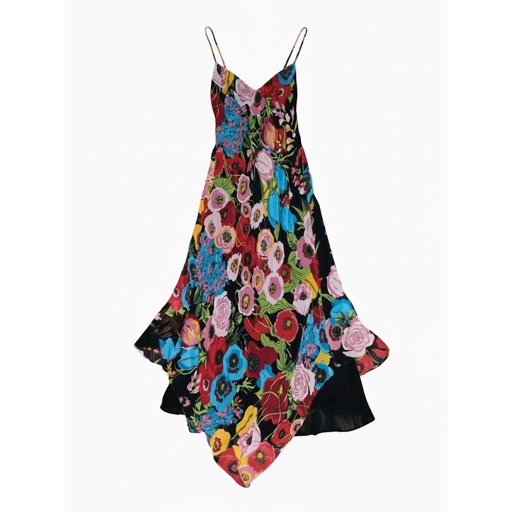 Fiori di Zucca 100% Silk Floral Handkerchief Hem Midi Dress Black Multi Size 8